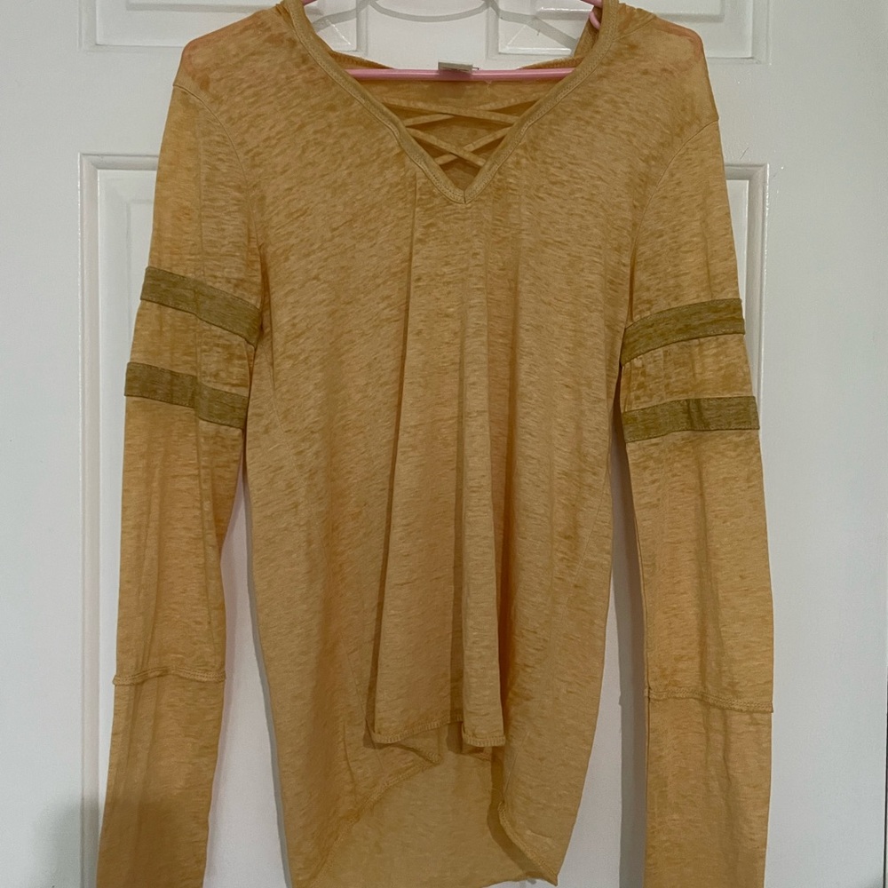 PLANET GOLD | mustard criss-cross neck hooded long sleeve